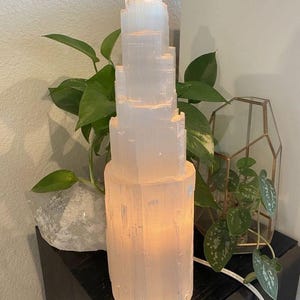 Può includere: Una lampada in cristallo di selenite alta e cilindrica con una struttura a gradini simile a una torre. La pietra bianca traslucida presenta striature verticali ed emette una luce calda e soffusa dall'interno che illumina la trama.