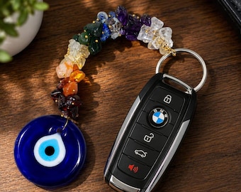 Evil Eye Crystal Keychain, Chakra Gemstone Car Charm, Protection Keyring