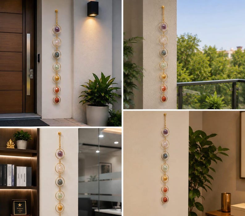 May include: A vertical wall hanging featuring seven circular gold-toned metal rings connected by a gold-toned chain. Each ring contains a different colored gemstone or crystal, arranged in a sequence of purple, clear, grey, green, yellow, orange, and red.