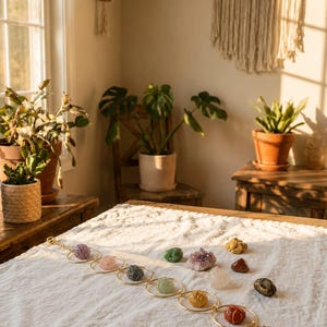 May include: A gold-toned metal chain featuring seven circular links, each containing a unique raw gemstone wrapped in wire. The stones include purple, pink, dark grey, light green, yellow, and red varieties. Several loose, unmounted raw crystals are placed nearby.