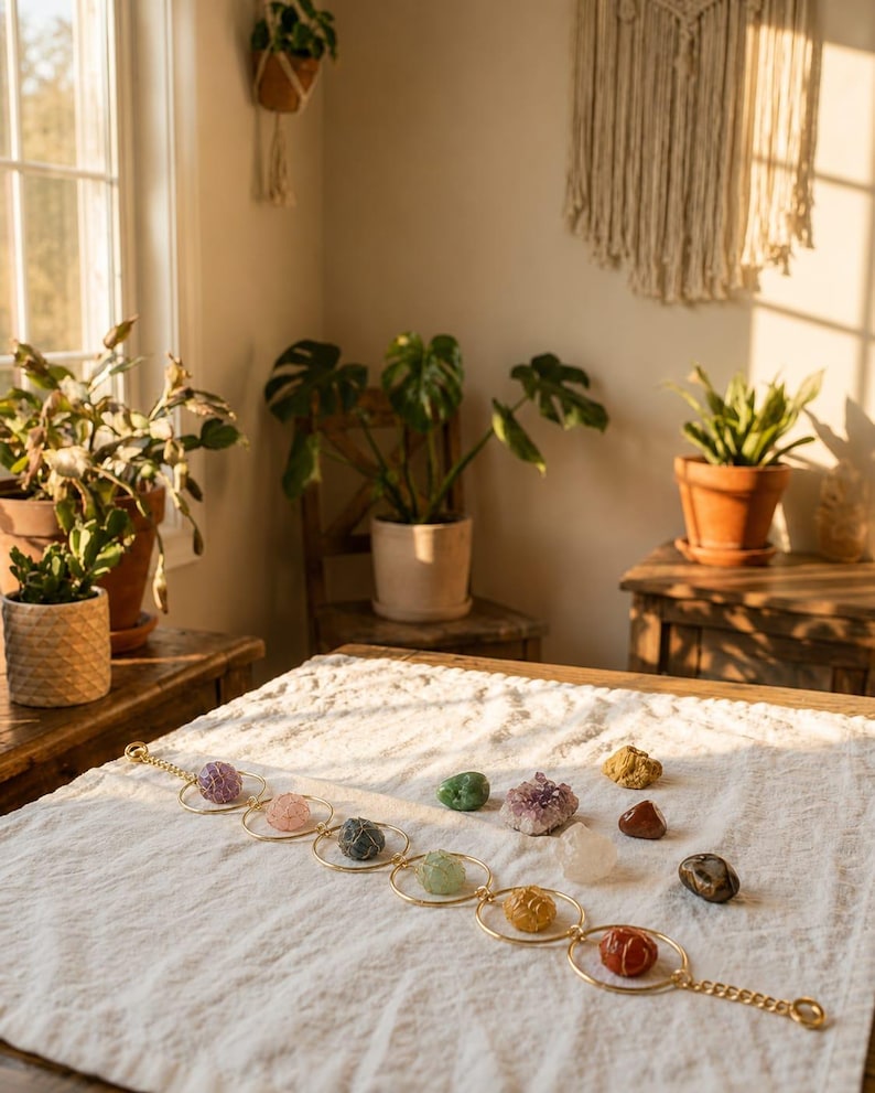 May include: A gold-toned metal chain featuring seven circular links, each containing a unique raw gemstone wrapped in wire. The stones include purple, pink, dark grey, light green, yellow, and red varieties. Several loose, unmounted raw crystals are placed nearby.