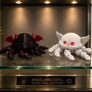 May include: Two articulated figures from the Angel and Devil Flexi Collection. One figure is black with red wings, red eyes, and red spikes on its tentacles. The other figure is white with white wings, pink eyes, and a smiling face on its tentacles.