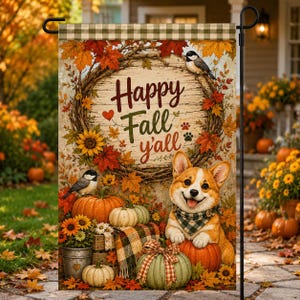 Personalized Fall Garden Flag, Corgi Happy Fall Y'all Flag, Farmhouse Pumpkin Porch Decor, Autumn Dog Yard Flag, Harvest Outdoor Decor