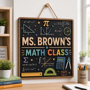 May include: A square wooden wall sign with a black background featuring the text MS. BROWN'S MATH CLASS in raised letters. The sign displays colourful mathematical symbols, formulas, a calculator, a ruler, and a protractor, suspended by a rope.
