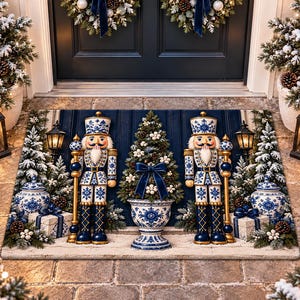 May include: A rectangular doormat featuring a festive scene with two nutcrackers in blue and white porcelain patterns, a central potted Christmas tree with a blue bow, lanterns, gift boxes, and snow-dusted pine trees on a dark blue background.