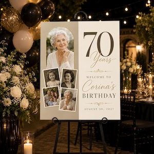 May include: A rectangular birthday welcome sign featuring a large photo of a woman in an arched frame, four smaller photos, and the text 70 Years Welcome to Corina's Birthday August 30, 2027. The sign is displayed on a black metal easel stand.