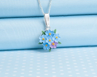 Forget me Not Posy,pendant necklace, hand painted flowers, gold or silver plated