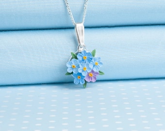 Forget me Not Posy,pendant necklace, hand painted flowers