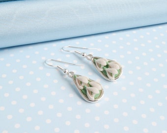 Snowdrop ,Dropper Earring,in a choice of metal finishes, first flower of spring