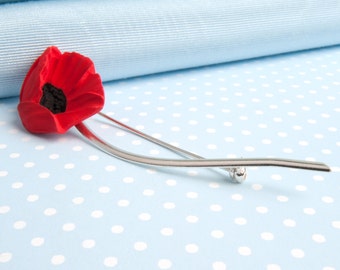 Red Poppy, with  Sterling Silver Stem, Brooch,Pin, to remember the fallen.