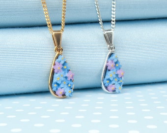 Forget me Not ,Tear Drop, Pendant Necklace, pale blue, to remember me