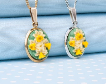 Daffodil Flower, Oval Pendant ,with Necklace chain,in gold or silver finish