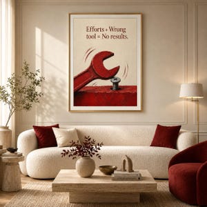 May include: A framed wall art print featuring a red wrench attempting to turn a screw embedded in a red block. The text "Efforts + Wrong tool = No results." is printed in dark brown at the top against a light beige background.