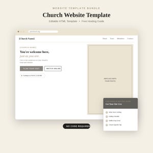 Può includere: Un modello di sito web per chiese con una palette di colori beige neutri. Il layout include un'intestazione con navigazione, una sezione principale con il testo You're welcome here, just as you are e un segnaposto per una fotografia.