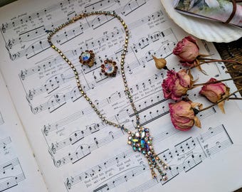 Vintage Aurora Borealis Rhinestone Necklace 1950s Iridescent Crystal Statement Necklace and earring set Sparkling Mid-Century Jewelry
