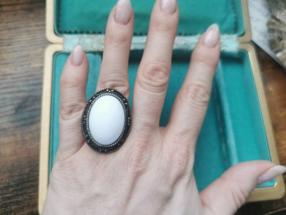 Vintage large statement ring white stone and bras… - image 1
