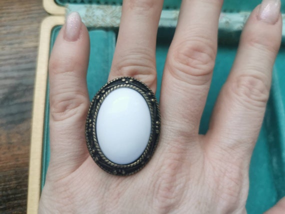 Vintage large statement ring white stone and bras… - image 7