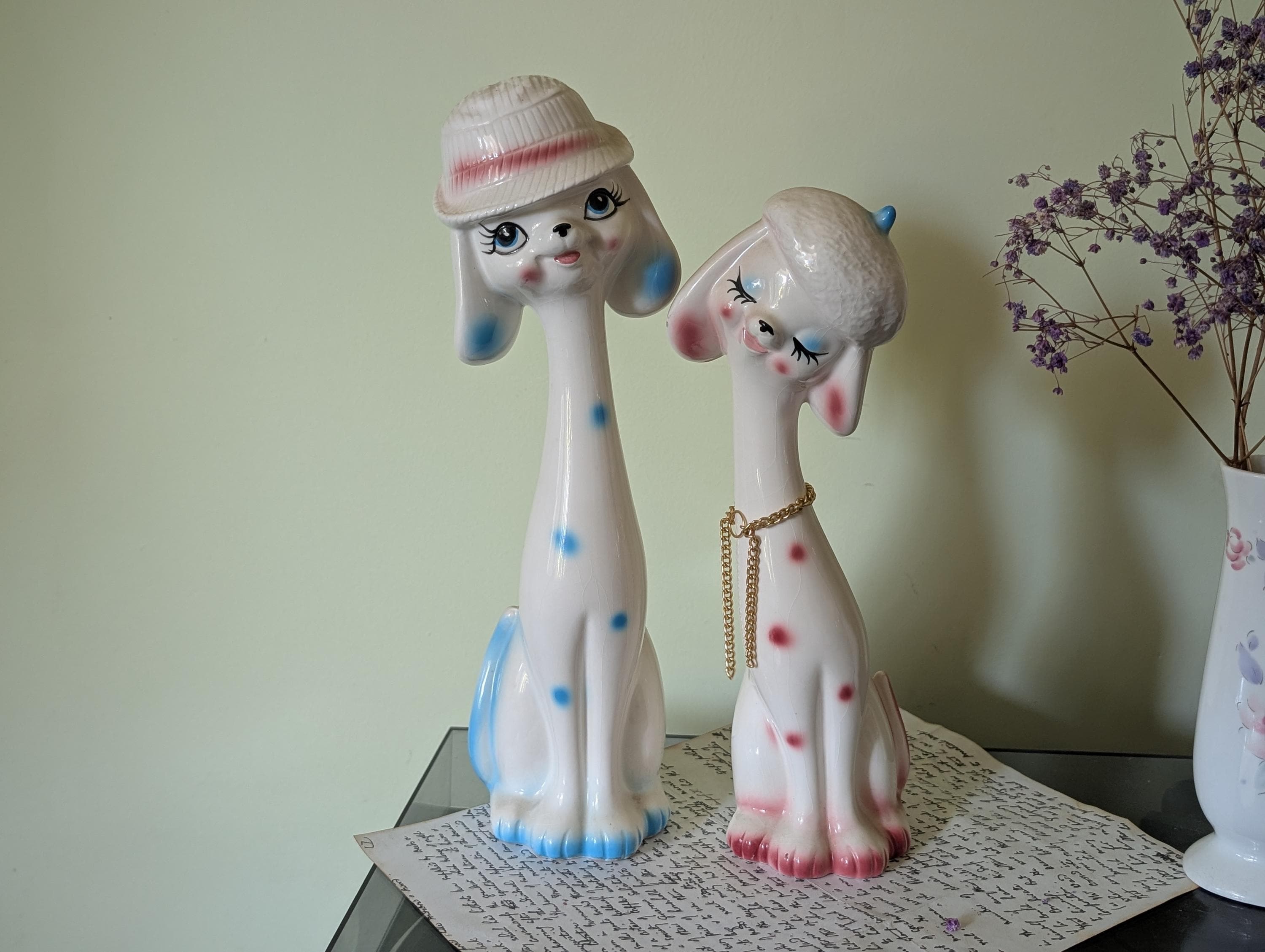 Vintage Pair of 1960s Kitschy Dog Couple Pink and Blue Ceramic