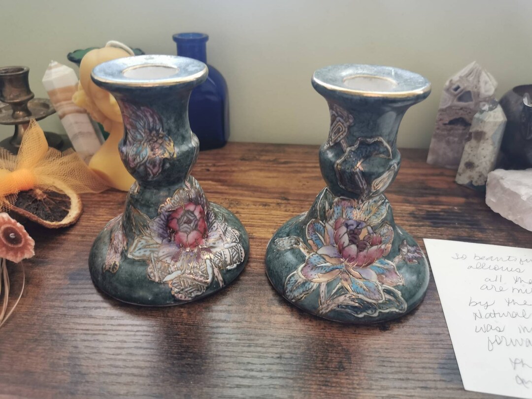 Two Vintage Ceramic Candlestick Holders With Floral Design Etsy