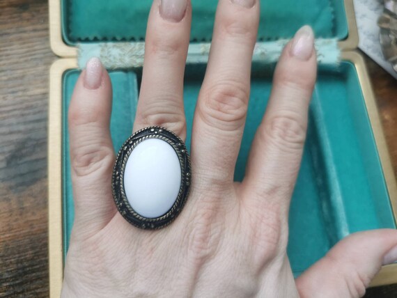 Vintage large statement ring white stone and bras… - image 8