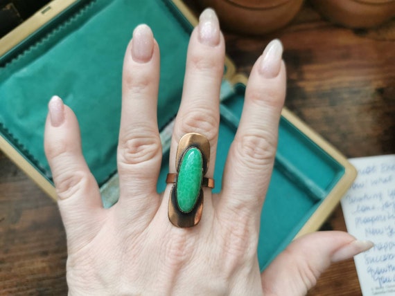 Larger copper statement ring with green stone, ad… - image 7