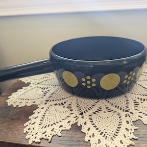 Vintage MOD Enamel Swiss Perk Polka Dot Pot MCM Mid Century black and yellow