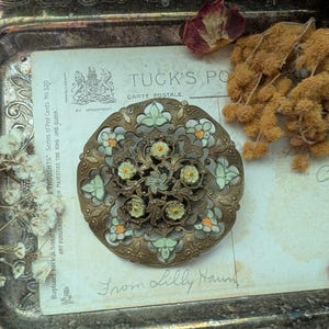 Antique Art nouveau brass Filigree Floral Brooch Hand-Painted flower details