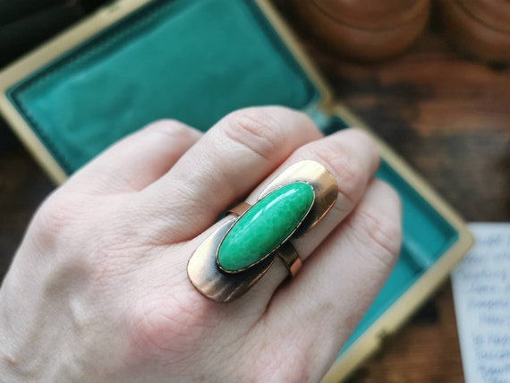 Larger copper statement ring with green stone, ad… - image 3