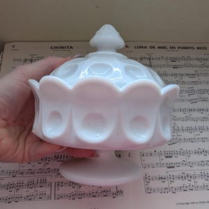 vintage Westmoreland white milk glass footed candy dish with a lid mid century It features a thumbprint pattern