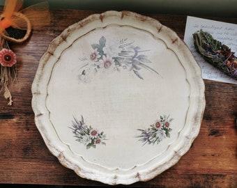 Beautiful vintage rustic cream floral wooden plate. Green witch offering plate