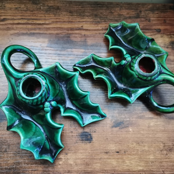 Vintage pair of green holly Christmas candlestick holders