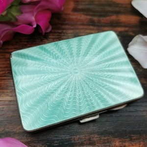 Antique cigarette case William Neale and sons Ltd 1934 silver stamped teal Guilloche design art deco style