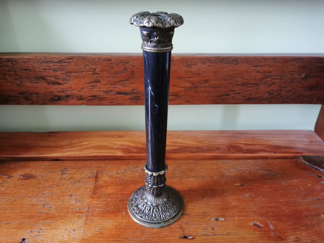 Vintage Tall Gothic Candlestick Holder With Brass Accents and Marble