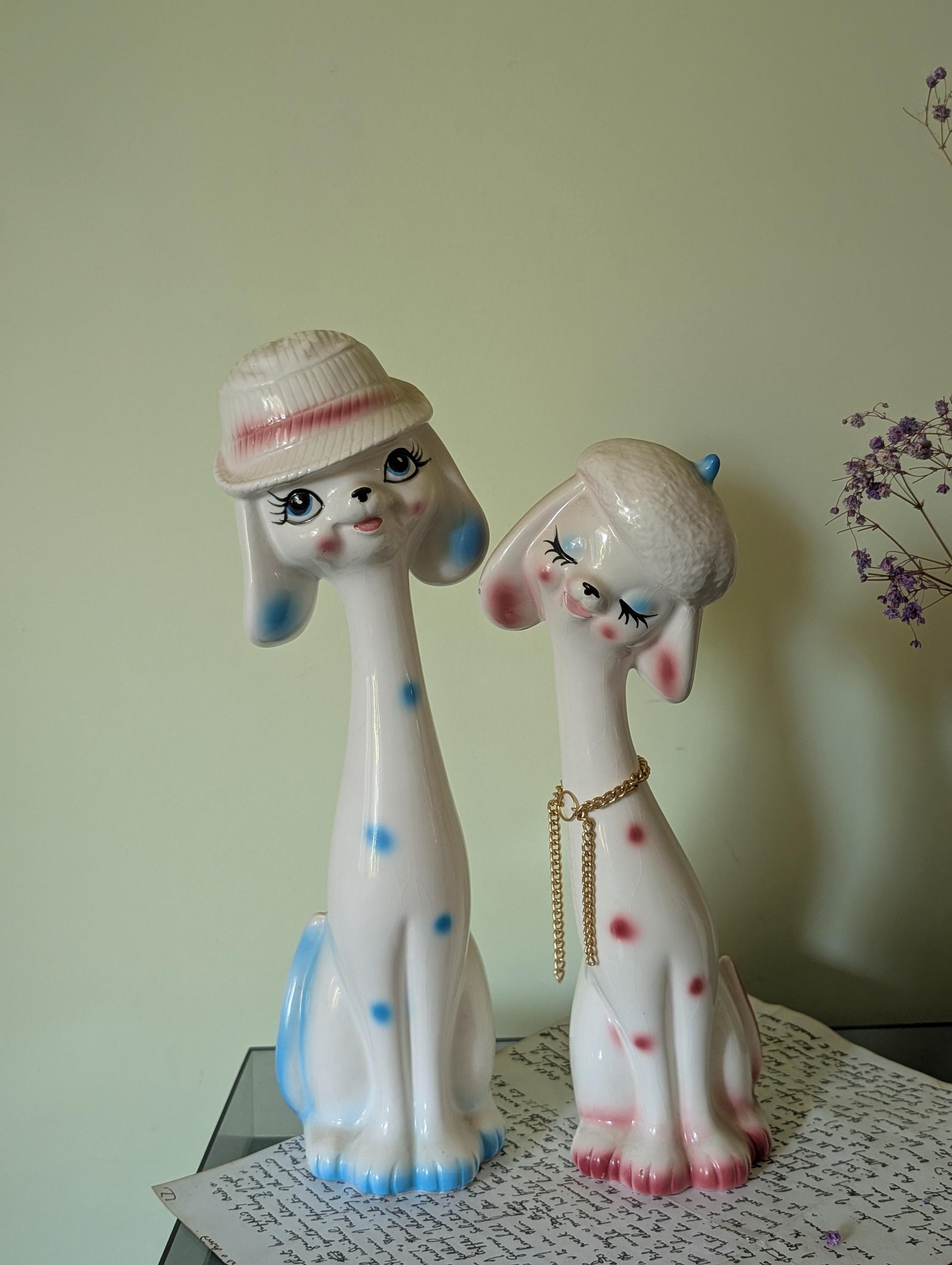 Vintage Pair of 1960s Kitschy Dog Couple Pink and Blue Ceramic