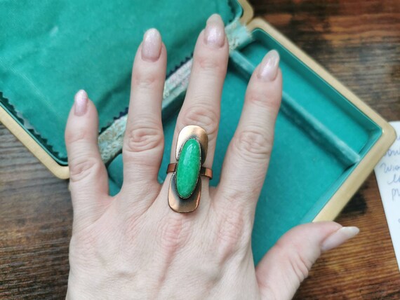 Larger copper statement ring with green stone, ad… - image 1