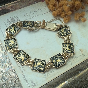 Vintage Damascene Link Bracelet – Black & Gold Swallow Motif – Mid-Century Spanish Jewelry
