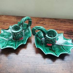 Pair of vintage candlestick holders Christmas holly