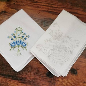 Vintage embroidered handkerchief, blue flower bouquet and white flowers, something old something new