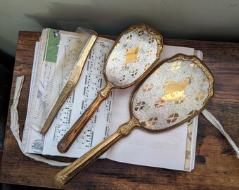 Vintage vanity set handheld mirror comb and brush