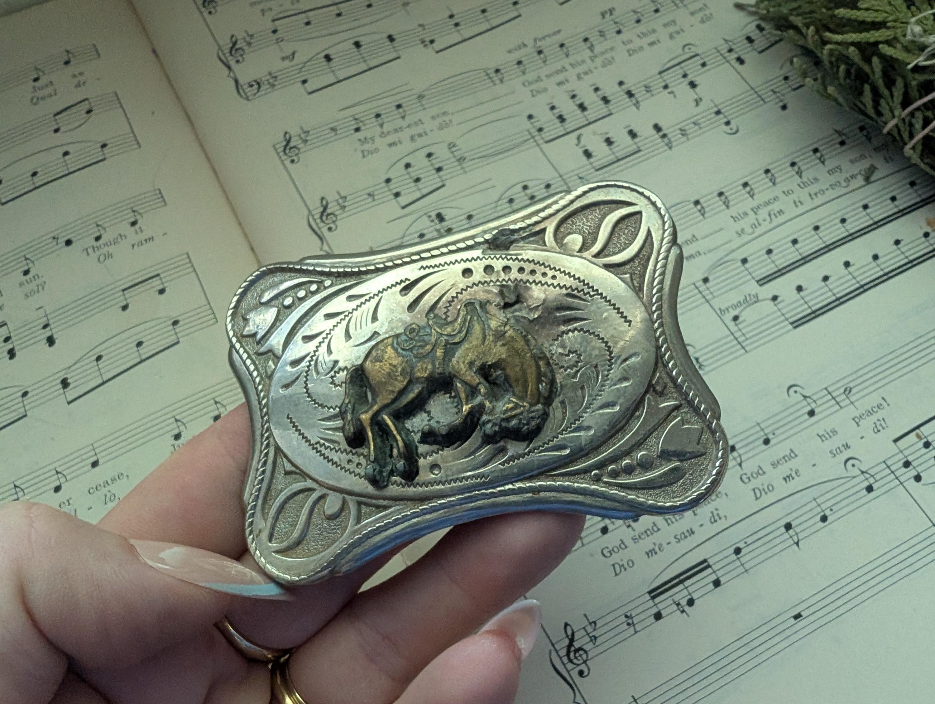 Vintage cowboy and bucking bronco belt buckle. A few