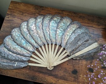 antique Victorian hand fan silver paper