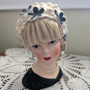 vintage 1950s relpo lady head vase with earrings and necklace