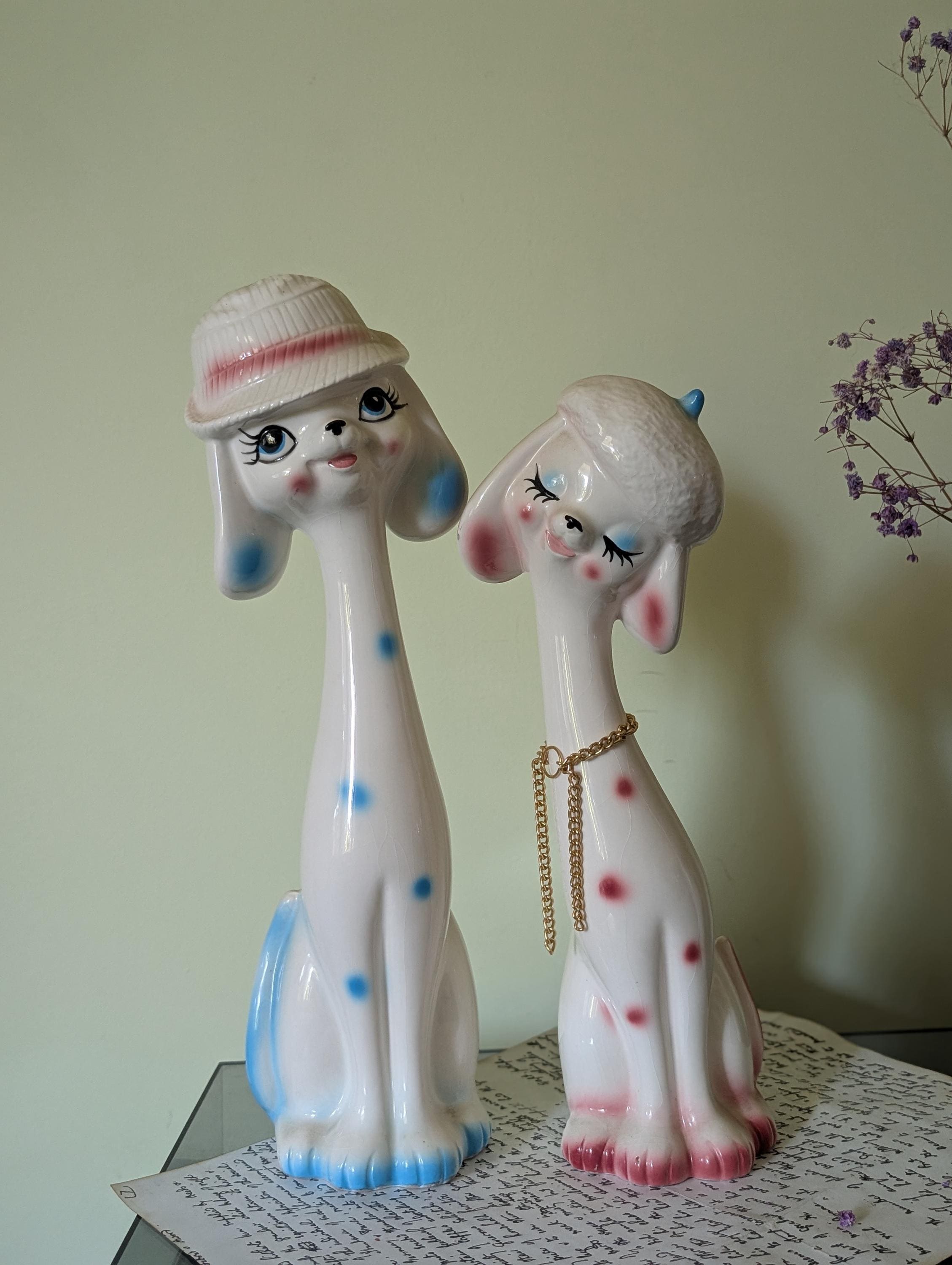 Vintage Pair of 1960s Kitschy Dog Couple Pink and Blue Ceramic