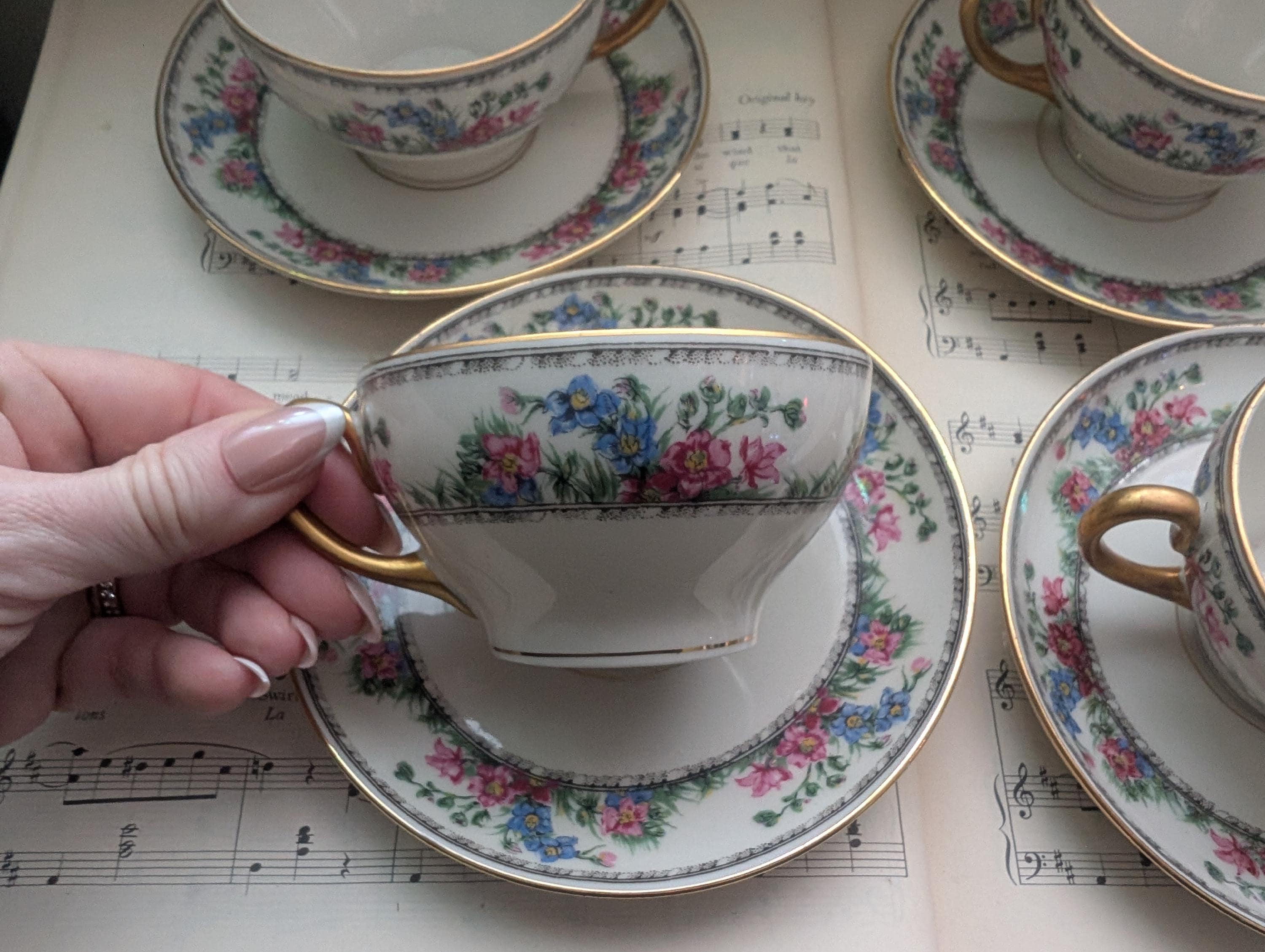 Antique Larkspur Limoges Fine Bone China Tea Cup and Saucer Set of