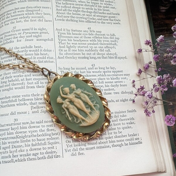 vintage green cameo necklace with three women dancing costume jewelry