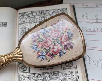 vintage hairbrush with cross stitch floral roses design