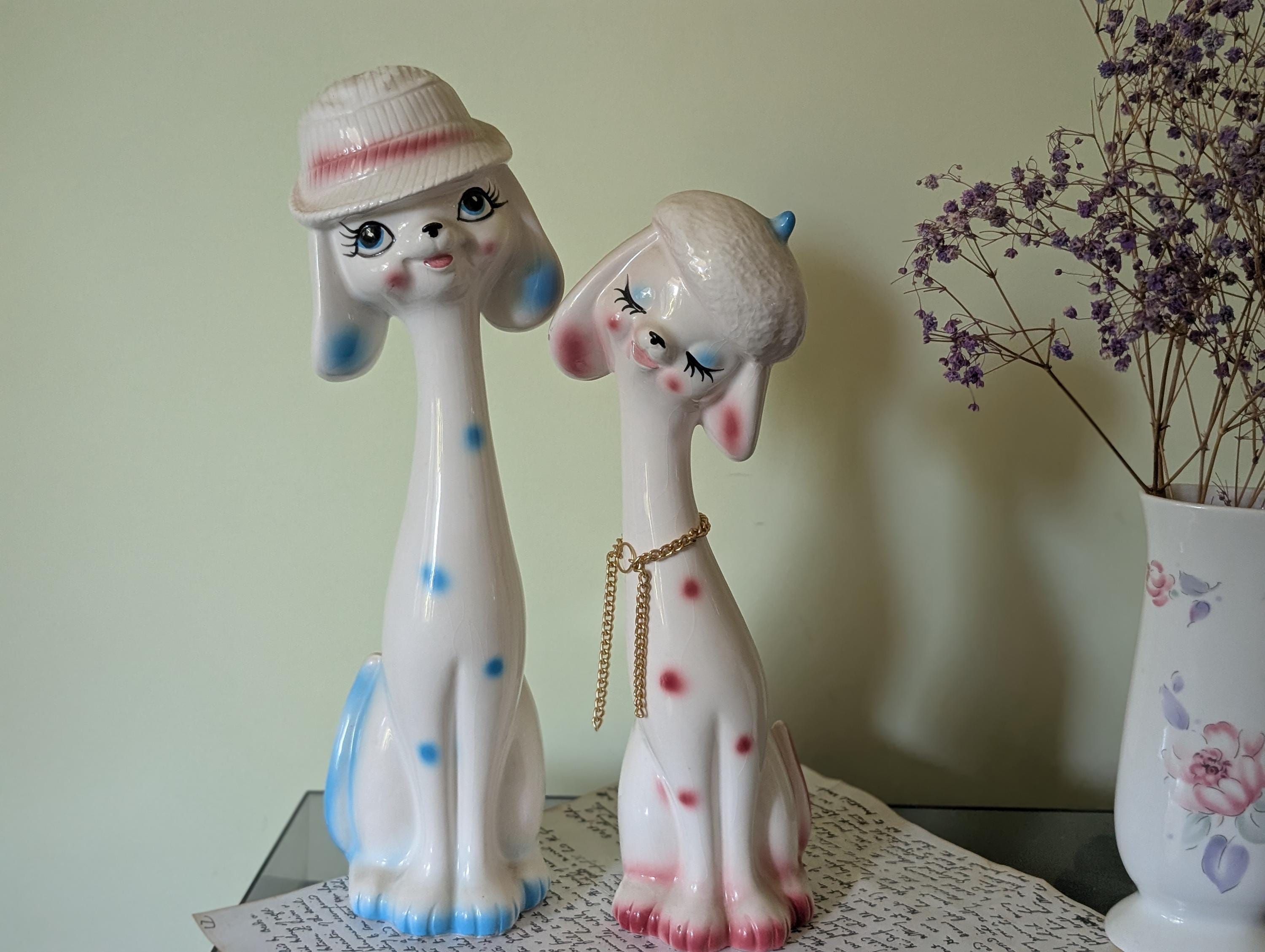 Vintage Pair of 1960s Kitschy Dog Couple Pink and Blue Ceramic