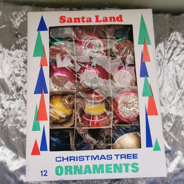 Vintage box of Santa land mercury glass ornaments set of 12