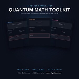Puede incluir: Un conjunto de 10 pósteres titulado Quantum Math Toolkit con fondos azul oscuro y texto blanco. Los pósteres muestran fórmulas matemáticas que incluyen Bra-Ket, Pauli, Hamiltonian y Wave Function. Incluye temas claros y oscuros.