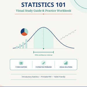 Könnte beinhalten: Ein Statistics 101 visuelles Studienhandbuch und Übungsheft von CrispNote Studio. Das Cover zeigt eine Glockenkurve, ein Tortendiagramm und ein Streudiagramm. Es enthält 7 Kernkapitel, 110 Übungsaufgaben und visuelle Lösungen im PDF-Format.